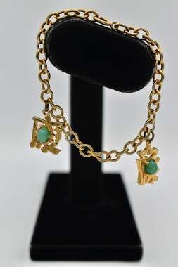 Vintage Chinese Character Charm Bracelet Green Cabochon Gold Tone Dangle BinAW